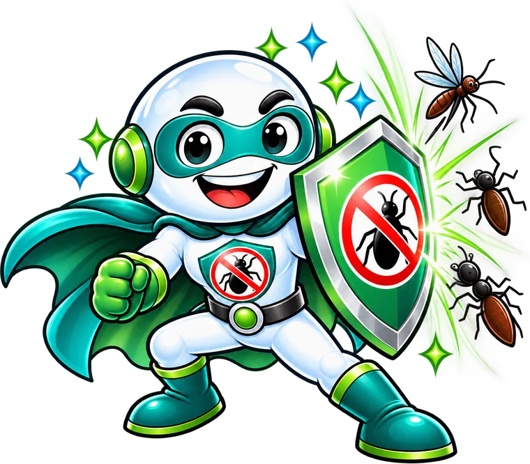 Pest Hero mascot blocking cockroaches and mosquitoes with a shield